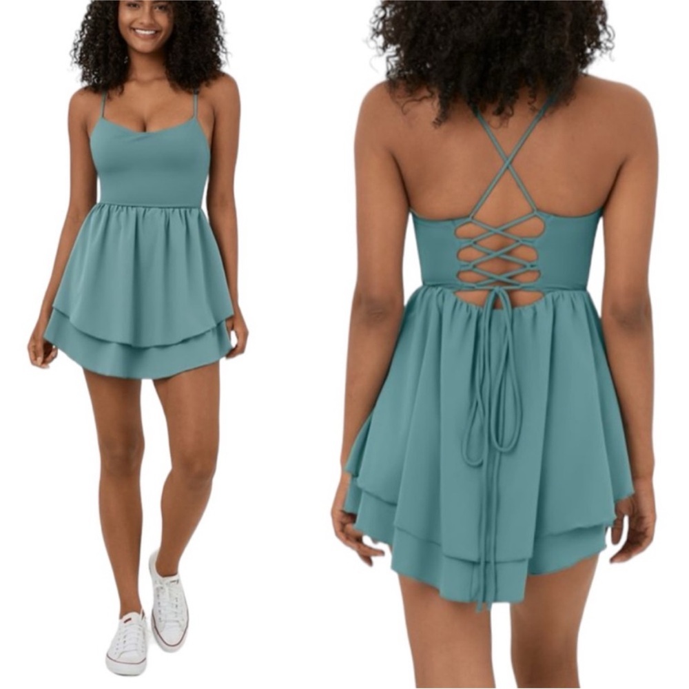 Halara Backless Lace Up Back Ruffle Hem Mini Dress Mineral Blue Size L NWT